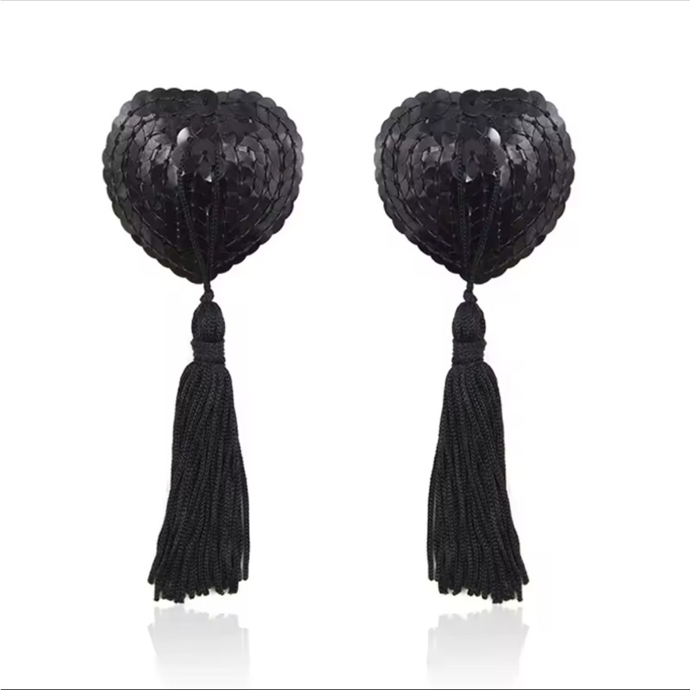 NWT Nipple Pasties Sequin Heart Tassels | Black | One Pair